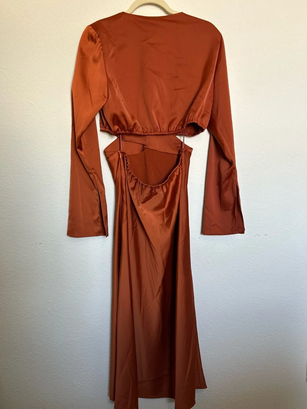 Wayf Burnt Orange Long Sleeve Wrap Midi Dress